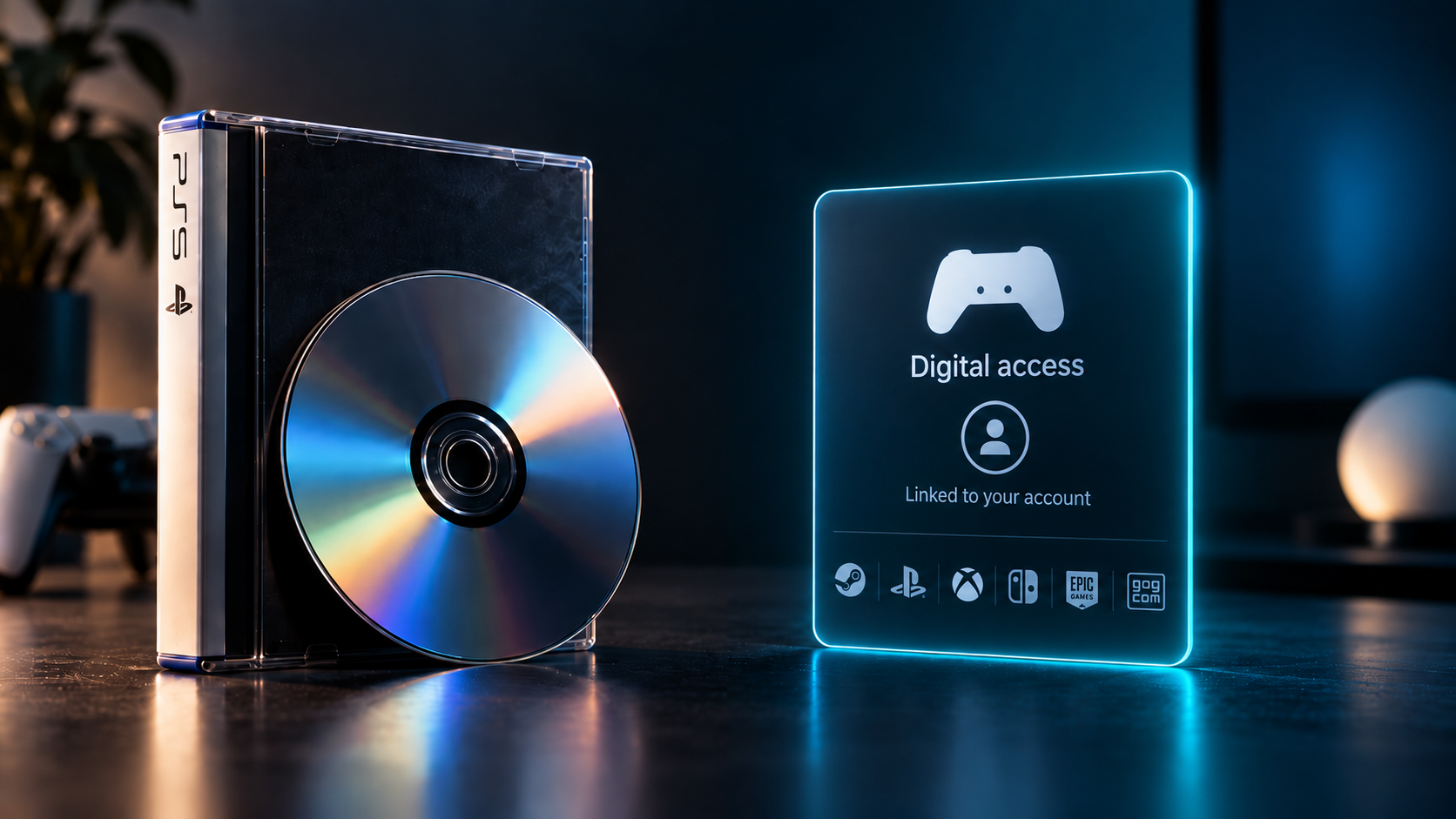 Physical game disc and case beside a digital-access card representing major game platforms.