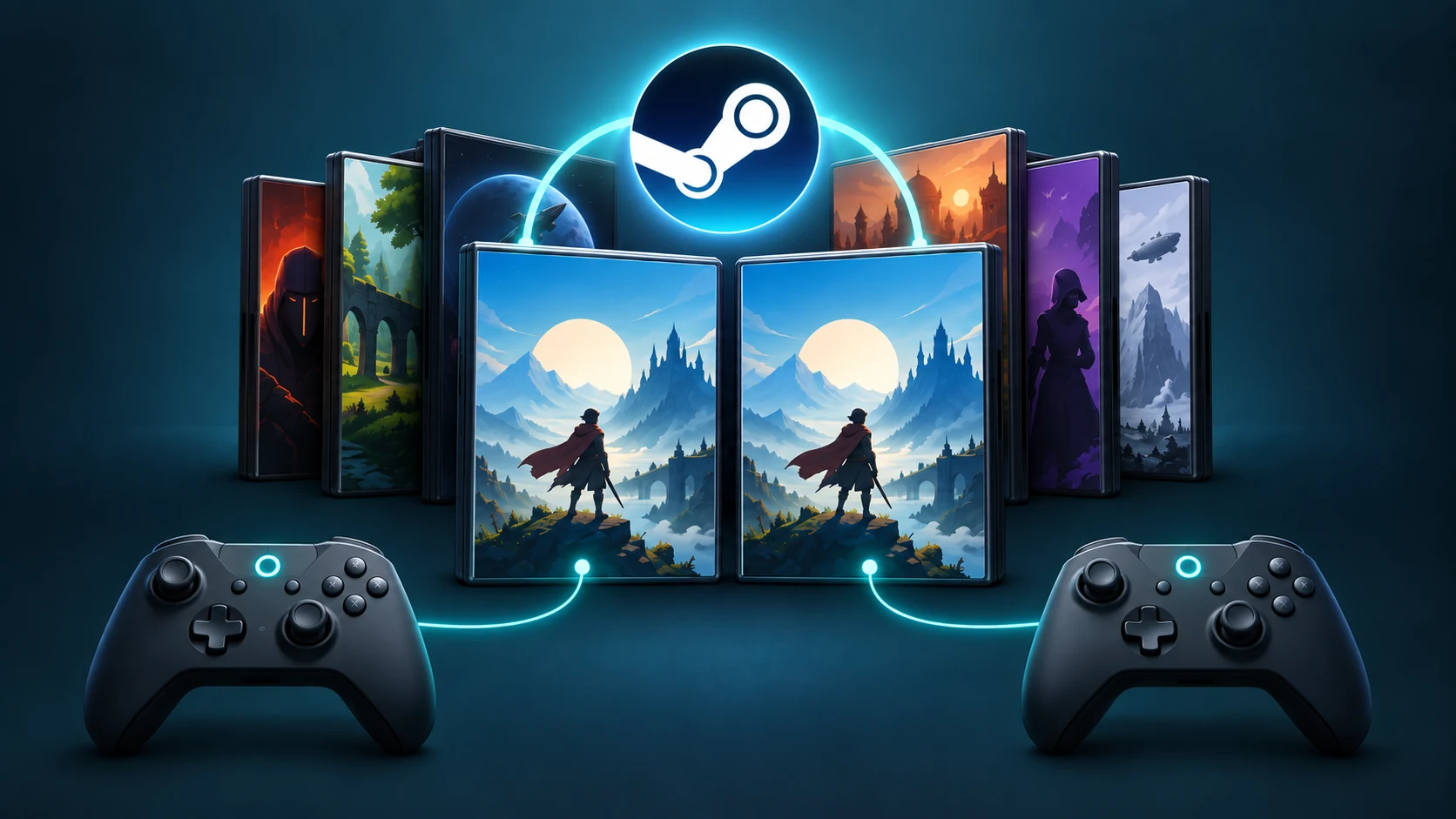 Concept illustration of a Steam library with duplicate game copies connected to two controllers beneath the Steam logo.